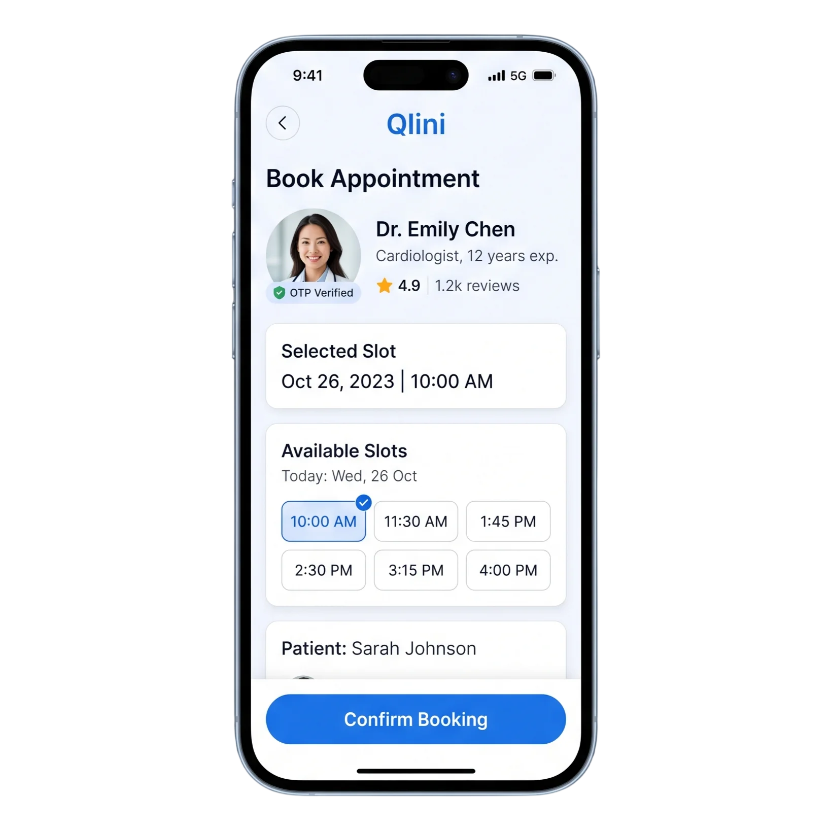The Qlini patient app: find a clinic, book an OTP-verified slot, and pay