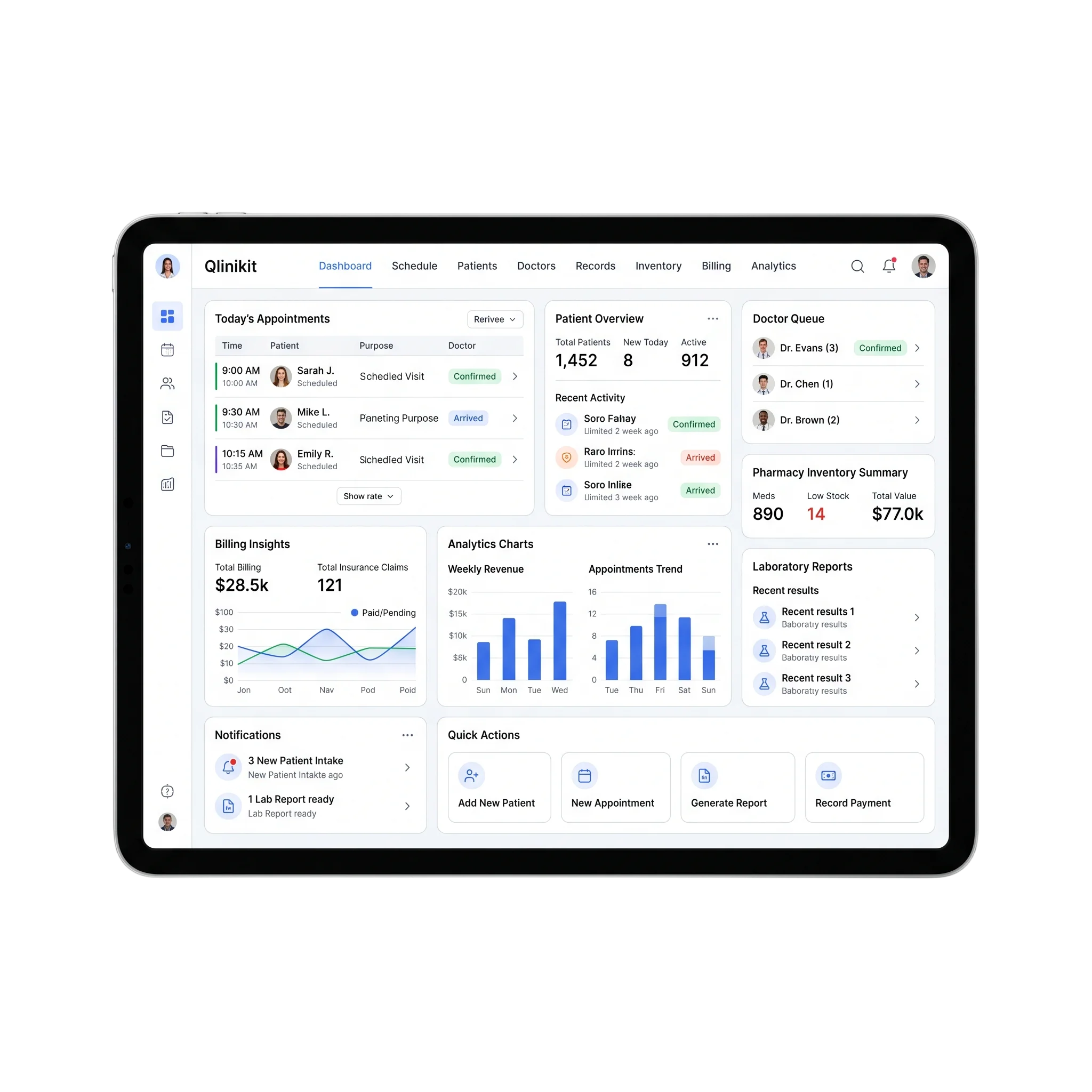 Qlinikit clinic dashboard showing the live doctor queue
